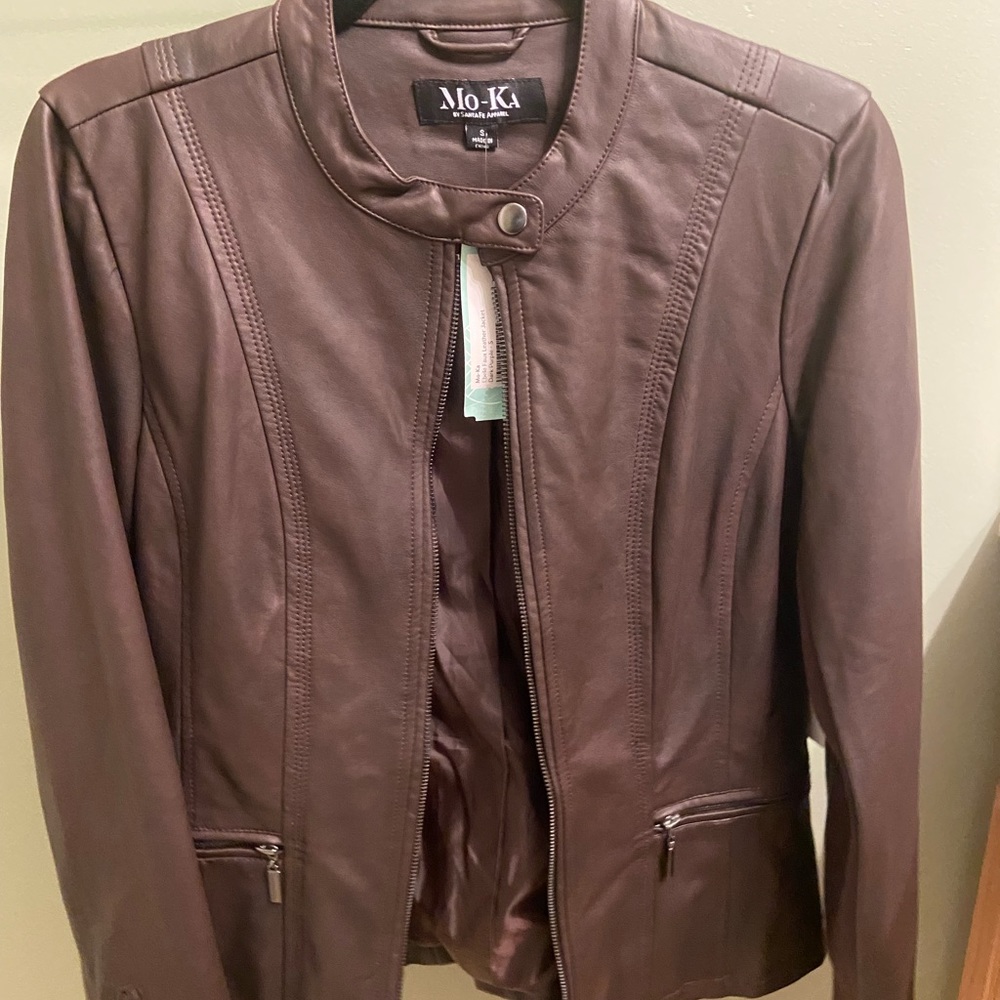 Mo-Ka brown/purple leather jacket with knit side panels.